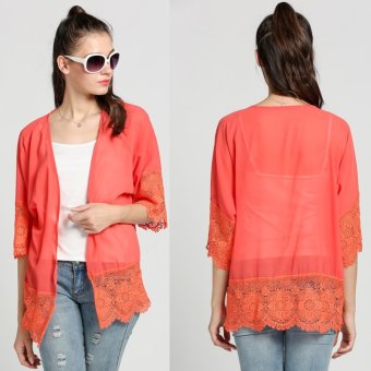 Stylish Women Floral Lace Hem Patchwork Chiffon Blouse 3/4 Sleeve Open Front Loose Top - intl  