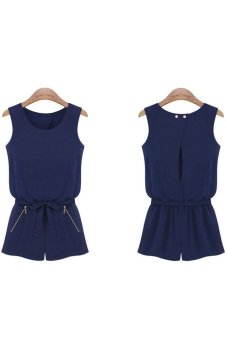 Summer 2-Zipper Decor Round Neck Sleeveless Women's Casual Chiffon Short Jumpsuit - Size XL Dark Blue - Intl  