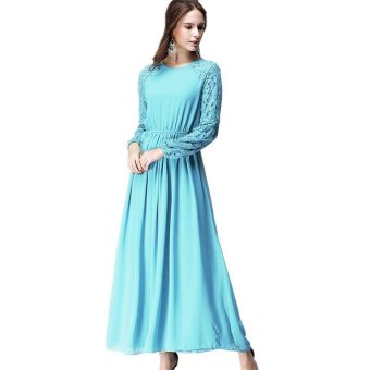 Summer Casual Muslim Dress with Jacquard Sleeve (Blue)  