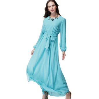 Summer Long Chiffon Casual Muslim Dress with Belt (Blue) - Intl  