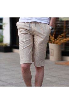 Summer Men's Casual Drawstring Elastic Waist Straight-Leg Linen Shorts Fifth Pants - Size XXL Khaki - Intl  