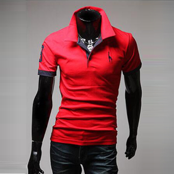 Summer men's fashion casual short-sleeved T-shirt Korean Slim shirt POLO Deer printing watermelon red  