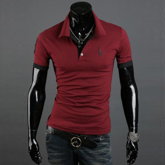Summer men's fashion casual short-sleeved T-shirt Korean Slim shirt POLO Deer printing Wine red  