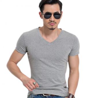 Summer Men's V Neck Slim Tight Shirts Short Sleeve T-Shirts Fitness Tops Tees Gray  