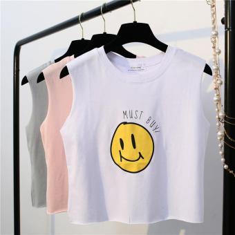 Summer new loose sleeveless short T-shirt Smiling face letters printed high waist vest(white) - intl  