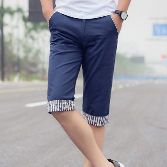 Summer New Men Korean Casual Plain Zip Cropped Straight Cotton Chinos Pants(Navy Blue) - intl  