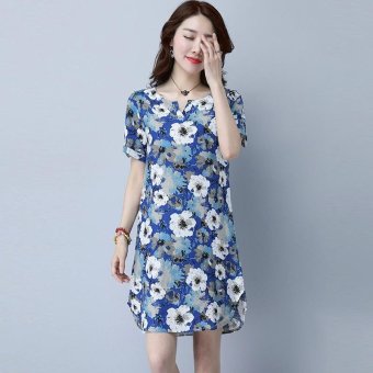 Summer New Retro Casual Cotton and Linen Short Sleeve Flower Printing Dress(Blue) - intl  