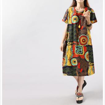 Summer Quirky Aztec Patterned Oversized vintage Short sleeve Cotton & Linen Shift Dress yellow - intl  