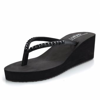 Summer Women High Heel Wedge Flip Flops Women Casual Non-slip Beach Shoes (Black) - intl  