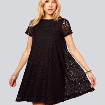 Summer Women Short Sleeve Hollow Lace Evening Party Short Mini Dress Black - intl  