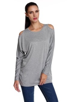 Sunweb Casual Women Tops O-Neck Off Shoulder Long Sleeve Loose Long Solid Blouse Tops (Grey)  