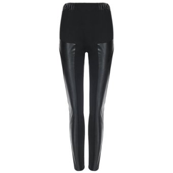 Sunweb Finejo Cool Fashion Women High Waist Leather Patchwork Autumn Pants(Black)  