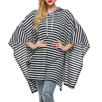 Sunweb Finejo Women Hooded Stripe Pullover Batwing Sleeve Long Sweatshirt Hoodies ( Black ) - intl  