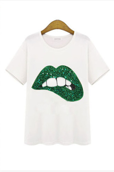 Sunweb Mouth Print Sequin Decoration O-neck Patchwork T-shirt (Green)  