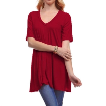 Sunweb New Casual Women Short Sleeve V-neck T-shirt Solid Loose Leisure Tops Blouse ( wine red ) - intl  