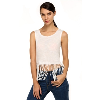 Sunweb New Stylish Finejo Women Casual Sleeveless Round Neck Tassel Bottom Tops Blouse ( White ) - intl  