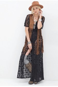 Sunweb Stylish Lady Women's Fashion Short Sleeve Sexy Long Lace Cardigan Thin Coat BlouseBlack  