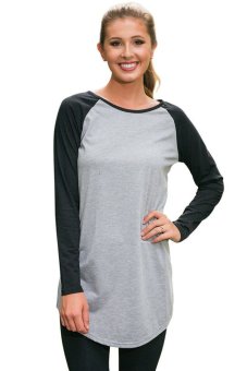 Sunweb Women Casual Loose Long Raglan Sleeve T-shirt Plain Splicing Irregular Hem Top (Grey) (Intl)  