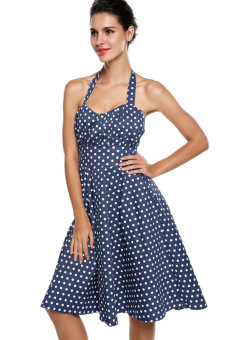 Sunweb Women Halter Sleeveless Polka Dot Backless High Waist Swing Midi Dress (Dark Blue)  