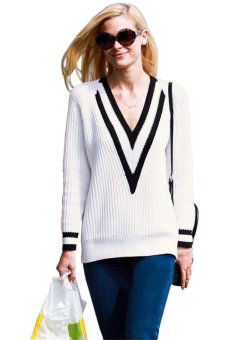 Sunweb Women V-neck Long Sleeve Crochet Knitwear Pull Over Sweater Korean Style ( White )  