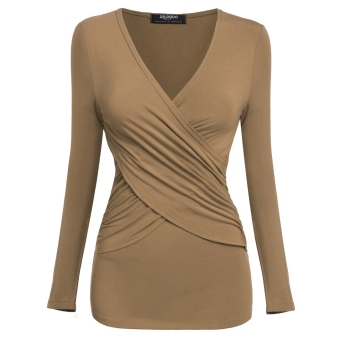 Sunweb Women's Deep V Neck Long Sleeve Cross Slim Fit Plain Blouse Tops ( Khaki ) - intl  