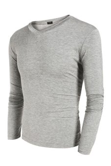 Sunwonder COOFANDY Men Long Sleeve V-Neck Stretch Pure Color Stretch Slim Basic Casual Tops T-shirt ( Grey )  