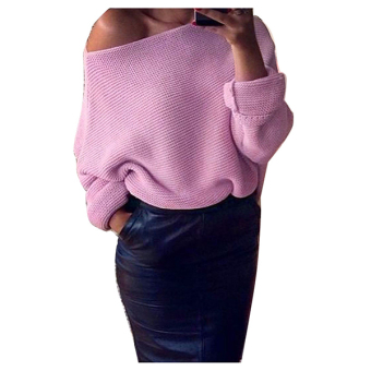 Sunwonder New Fashion Women Batwing Sleeve Knitting One Shoulder Loose Pullover Casual Sweater(Pink) - intl  