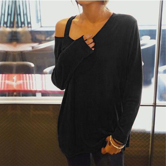 Sunwonder New Fashion Women Ladies Long Sleeve One Shoulder Asymmetric Collar Pure Color Casual Leisure Loose Tops Blouse (Black) - Intl  