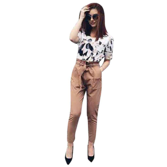 Sunwonder Women Fashion Slim Elastic High Waist Solid Long Pencil Trouser Skinny Pants with Belt(Brown) - intl  