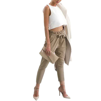 Sunwonder Women Fashion Slim Elastic High Waist Solid Long Pencil Trouser Skinny Pants with Belt(Khaki) - intl  