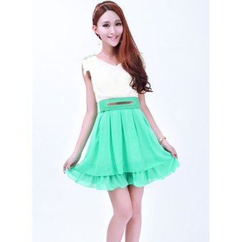 SuperCart 2016 Fashion Girl Women V-neck Sleeveless Princess Flouncing Party Casual Dress with Belt (Green) (Intl) - intl  