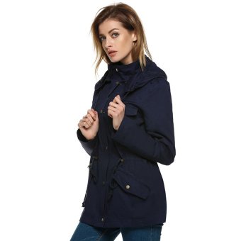Supercart ACEVOG Cool Fashion Ladies Women Solid Detachable Hooded Hip Length Drawstring Trench Coat Outerwear Overcoat ( Navy Blue )  