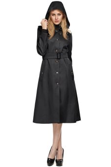 SuperCart ANGVNS Women Outwear Hooded Turndown Collar Single Breasted Belted Windbreaker Trench Long Jacket Coat (Black)    