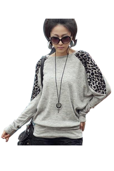 SuperCart Cotton Women Long Sleeve T-shirt Blouse Leopard Grain Decoration O-neck Tops ( Grey )   