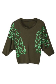 SuperCart Dolman Batwing Sleeve Letter Print Top T-Shirt (Green)  