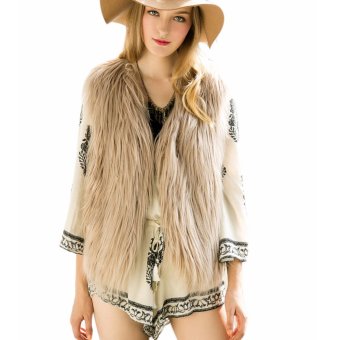 Supercart Fashion Women Faux Fur V-Neck One Hook Short Vest Waistcoat(Khaki) - intl  