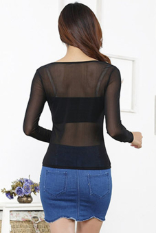 SuperCart Fashion Women Slim Mesh Tops O-neck Long Sleeve Transparent Casual Blouse T-shirt   