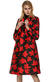 SuperCart FINEJO Women Long Trench Coat Bird Print Double Breasted Wind Coat Windbreaker with Belt ( Red )  