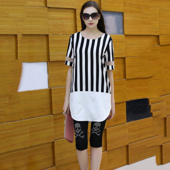 SuperCart Lady Women's Chiffon Short Sleeve Casual Black and White Stripe Mini Straight Dress (White) (Intl) - intl  