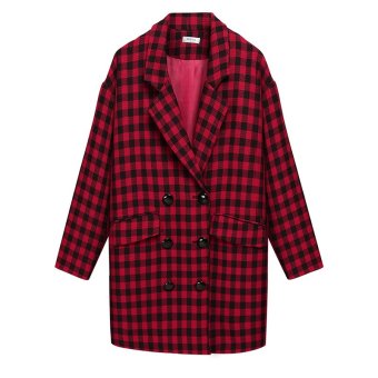 SuperCart Meaneor Stylish Women Long Coat Double Breasted Long Sleeve Pockets Plaid Outwear Top Overcoat ( Red )  