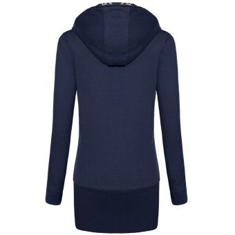 SuperCart Meaneor Women Hooded Fleece Leopard Pattern Zip Long Outwear Hooded Jacket ( Navy Blue )    