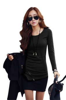 SuperCart New Women's Fashion Long Sleeve O-Neck Bodycon Irregular Hem Zipper T-Shirt Black   