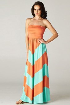 SuperCart Strapless Sleeveless Backless Patchwork Wave Stripe Contrast Color Maxi Long Dress (Orange) (Intl) - intl  