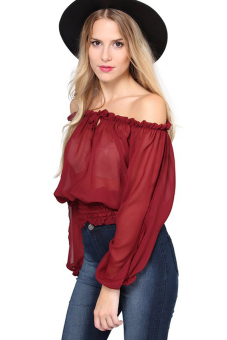 SuperCart Stylish Ladies Women Square Neck Long Sleeve Tunic Solid Casual Top Blouse (Wine Red)   