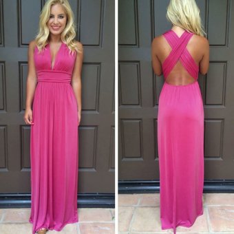 SuperCart Stylish Lady Women V-Neck Cross Strap Backless Party Cocktail Long Maxi Dress (Rose Red) (Intl) - intl  