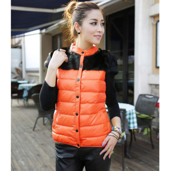 SuperCart Winter Women Warm Synthetic Leather Stand Collar Coat Short Sleeve Faux Mink Fur Jacket Thicken Down Cotton Padded Vest Cardigan Outwear (Orange) (Intl) - intl  