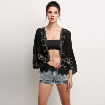 SuperCart Women 3/4 Sleeve Front Open Embroidery Lace Patchwork Loose Casual Tops Blouse (Black) - intl  