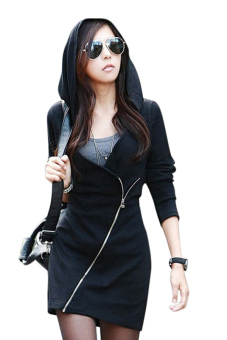 SuperCart Women Black Hooded Long Sleeve Slim Zipper Coat  