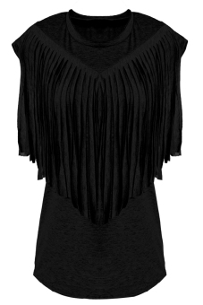 SuperCart Women Fashion Leisure Short Sleeve Tassel O-Neck Loose T-Shirt Black   