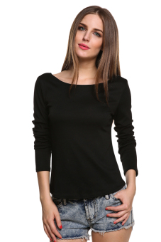 SuperCart Women Long Sleeve Leopard Backless Lace Decor Casual T-Shirt (Black)  